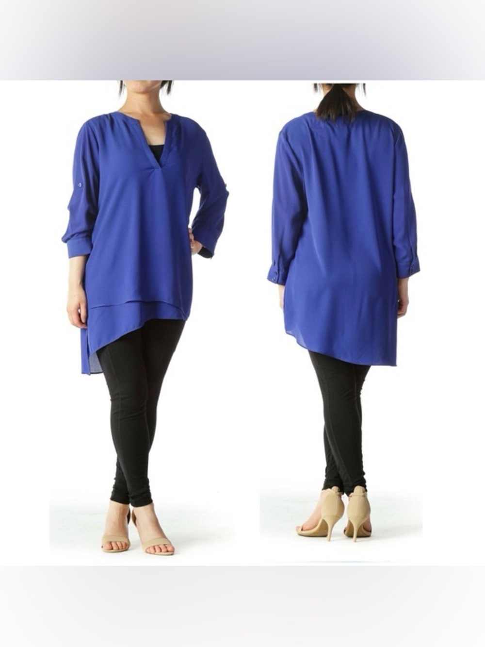 WHBM Royal Blue V-Neck 3/4-Sleeve Tunic Asymmetrical Hem